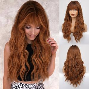 KOME Orange Wigs with Bangs, Ginger Long Wavy Wig for Women, Long Curly Synthetic Hair Wig for Party Daily Use 24IN