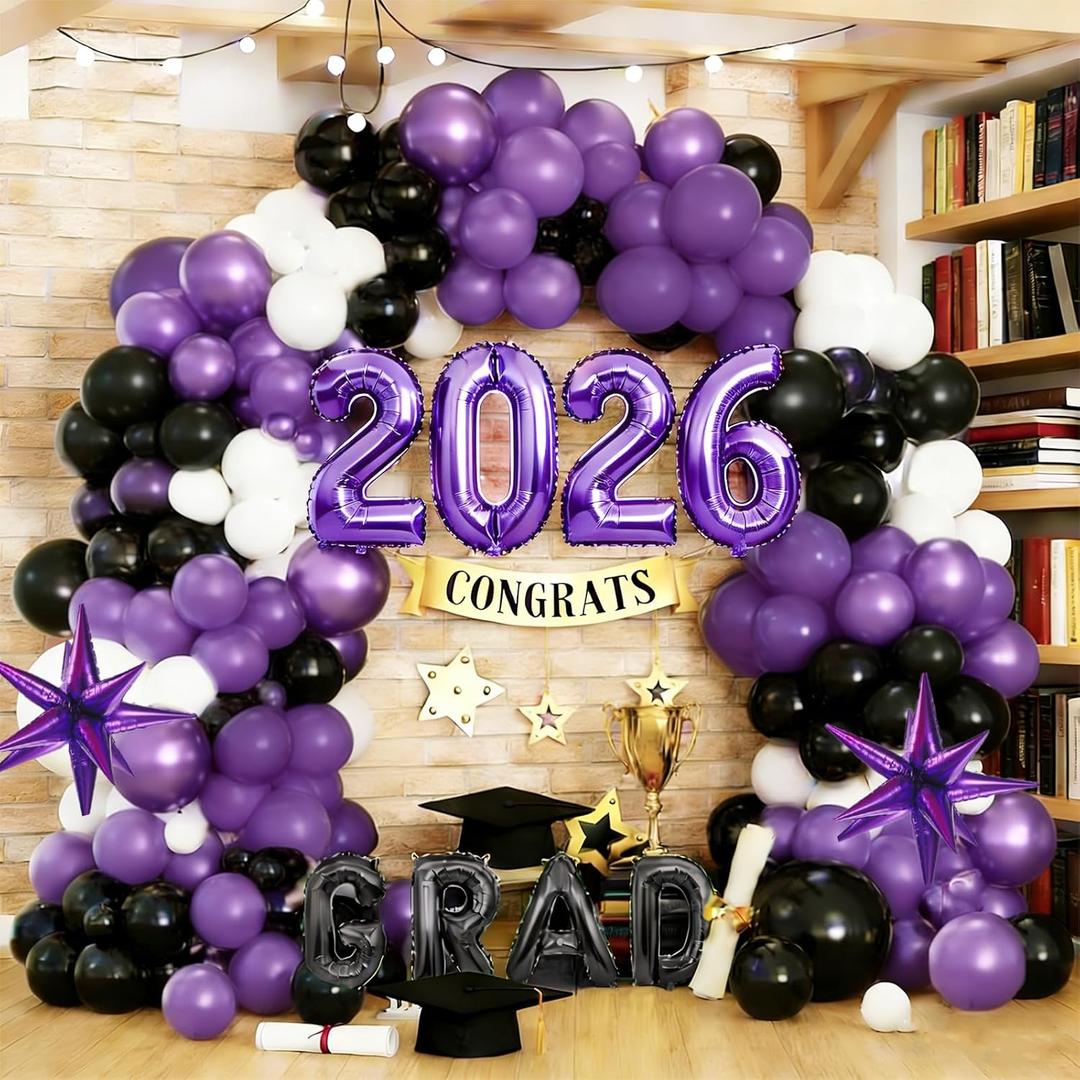 134PCS Purple Black Graduation Balloon Garland Arch Kit with GRAD,2026 and Graduation Mylar Foil Balloons for High College Middle School Class of 2026 Graduation Decorations