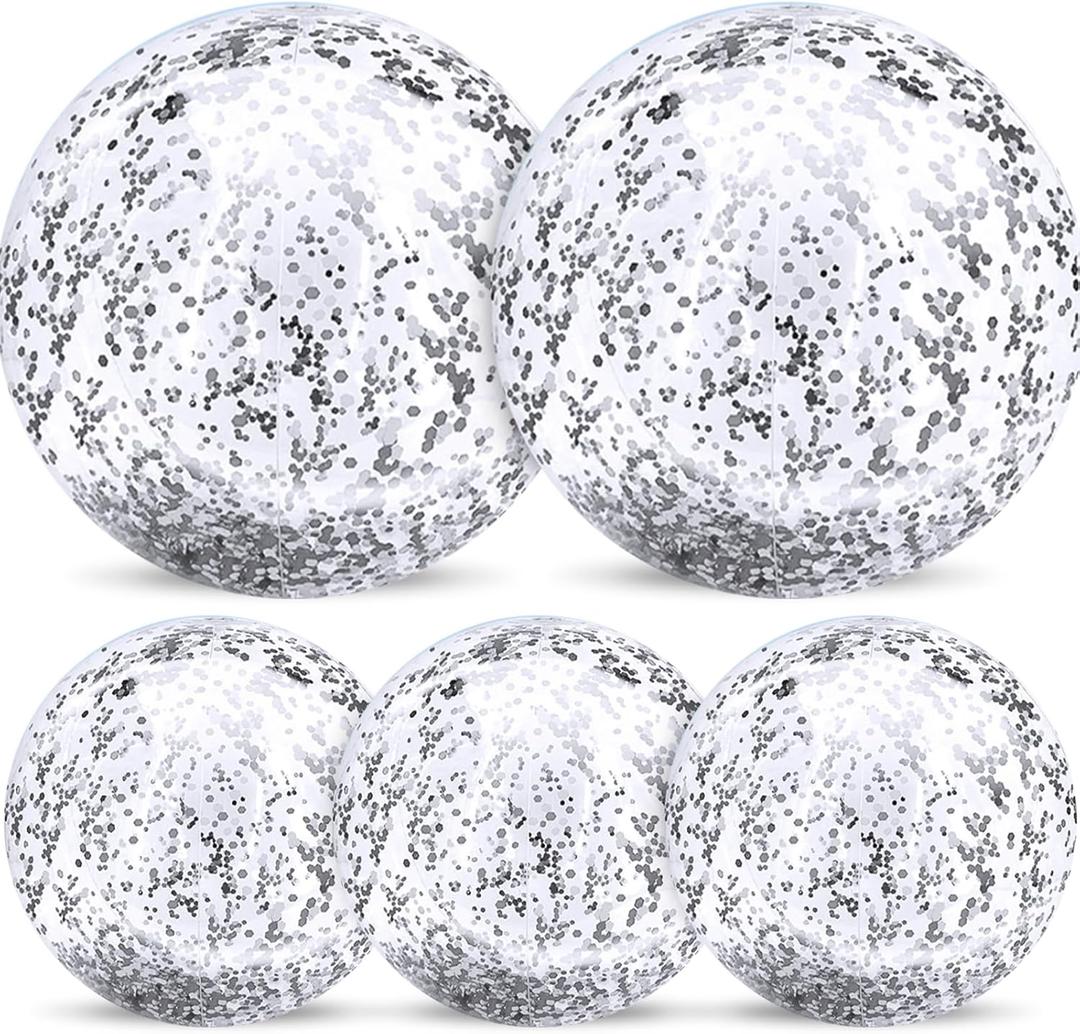 TURNMEON 5 Pack Sequins Beach Balls Pool Toys Balls 16 Inch 24 Inch Confetti Glitters Inflatable Clear Beach Ball Swimming Pool Water Beach Toys Summer Outdoor Party Favors for Kids Adults (Silver)