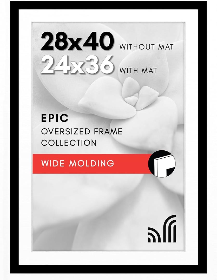 Americanflat 28x40 Poster Frame with Polished Plexiglass - Use as 24x36 Frame with Mat or Display 28x40 Photo Without Mat - Epic Collection - Wide Picture Frames for Wall Display - Black