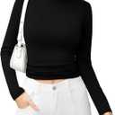 Laughido Women's Mock Neck Long Sleeve Fleece Slim Fit T-Shirt 2025 Casual Basic Pullover Crop Tops (Black)