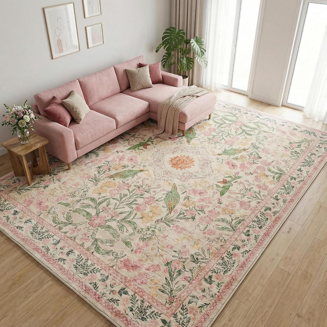 0.26" Low Pile Washable Area Rug 8'x10' - Water Resistant Faux Wool Carpet for Living Room Bedroom - Foldable Lightweight Bohemian Rug for Kids & Pets - Silicone Non-Slip Garden Pink Decor