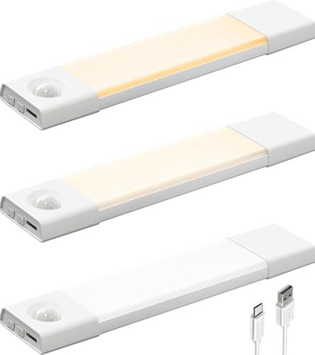 EZVALO 3 Pack 8” Motion Sensor Light Indoor, Wireless Under Cabinet Lighting, 30 LED Rechargeable Closet Lights, Dimmable, 3 Color Temperatures, Counter Lights for Wardrobe, Pantry, Bedroom, Kitchen