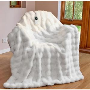Anysay Heated Blanket Throw Size ith 1/2/4/6/8 Hours Auto-Off 10 Heat Level, Throw 50" x 60"  Cozy Faux Rabbit Fur Bubble Electric Blanket with Overheat Protection(White)