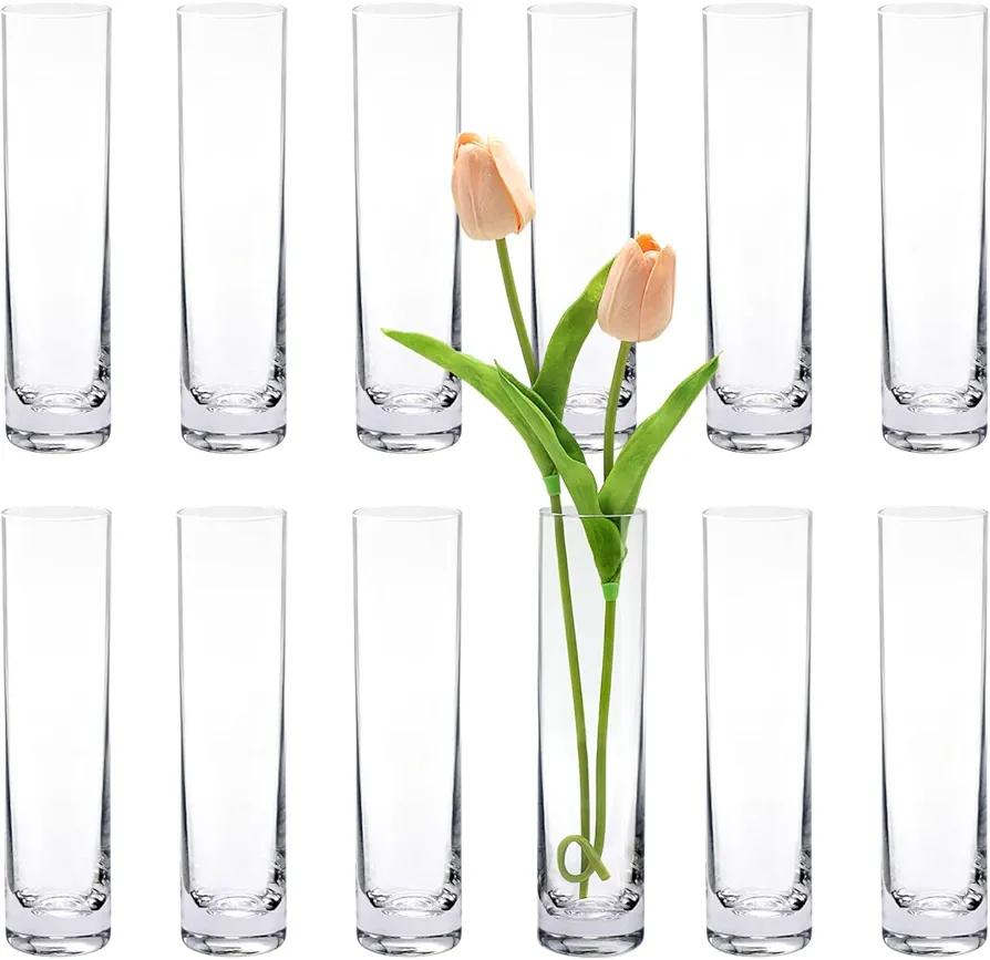 Glass Cylinder Bud Vases for Centerpieces, Set of 12 Clear Small vases,Handmade Slim Flower Vases Wedding Table Decor for Single Rose vases Bulk, Home Aesthetic Desk Decor, Party Decorations,7.5