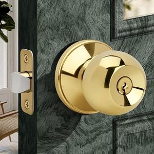 Moquin Gold Keyed Entry Door Knob with Lock and Key, Interior and Exterior Locking Round Ball Knob for Front Door or Bedroom, Polished Brass