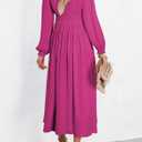 BLENCOT Women Casual Flounce Long Sleeve Dress Fall V Neck Bright Rosy XL