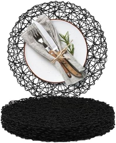 AHHFSMEI Paper Braided Round Placemats Set of 8 Natural Non-Slip Heat Resistant Table Mats for Dining Tables Woven Indoor & Outdoor Place mats(Black,8)
