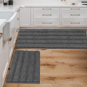 H.VERSAILTEX 2 Piece Bathroom Set - Super Absorbent Chenille Striped Bath Mats - Non Skid, Machine Washable - Grey, 47 x 17 Plus 17 x 24 - Inches