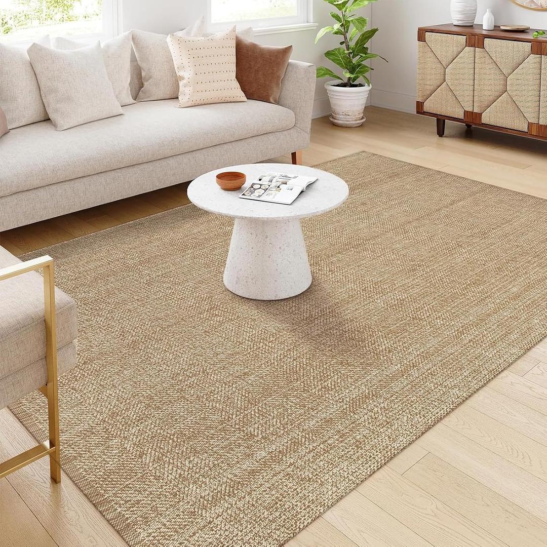 LEEVAN Washable Lightweight Kitchen Rug 6' x 9', Tan Bathroom Rugs, Reversible Living Room Carpet, Farmhouse Low Profile Bedroom Floor Mat, Modern Nursery Carpet for Foyer Laundry/Proch Decor
