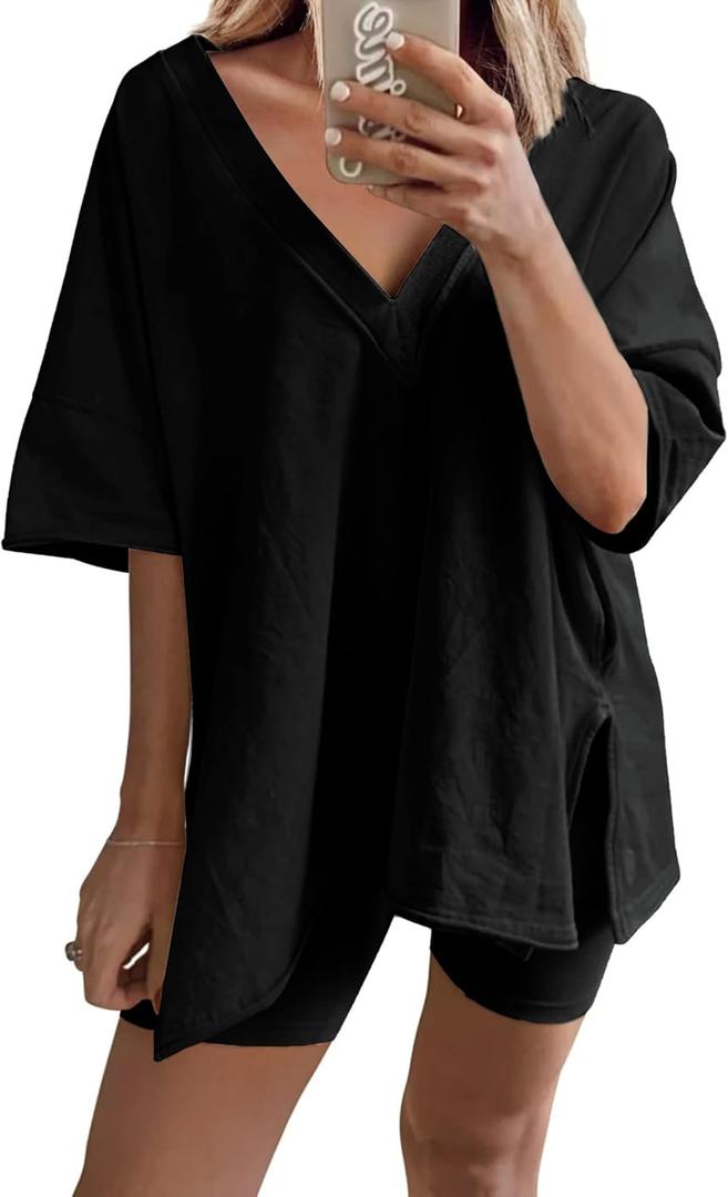 2 Two Piece Outfits for Women Summer Oversized Workout V Neck T Shirts Biker Shorts Matching Sets (Black, S)