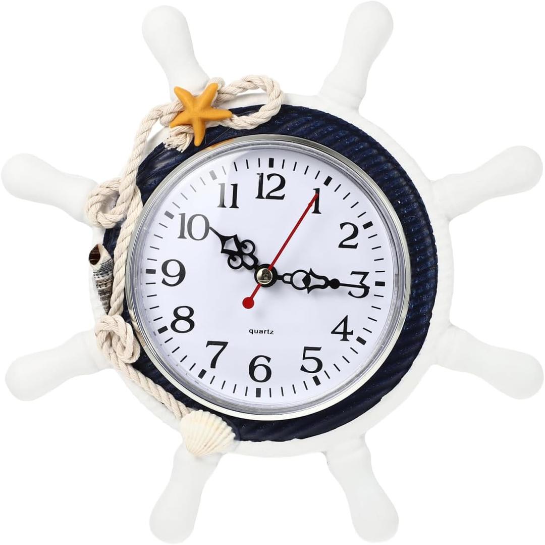 BESPORTBLE Wall Clock Ship Wheel Shape Clock Beach Decorative Wall Watch for Nautical Nursery Room Bedroom Decoration (Random Color)