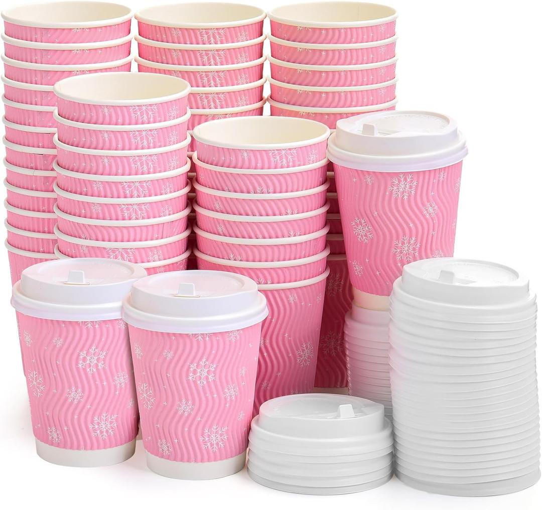 100 Pcs Snowflake Paper Coffee Cups 12 Oz Winter Disposable Extra Thick Insulated Beverage Cups with Leak Proof Lids for Wonderland Winter Christmas Party (Pink)
