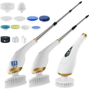 Electric Spin Scrubber Cordless Shower Cleaning Brush with 10 Replaceable Brush Heads, Extendable Handle Up to 59", 2 Speed, Waterproof, 2H Cleaning Time for Bathroom Shower Tile Glass Car