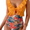 Eomenie One Piece Swimsuit for Women Tummy Control Ruffle Bathing Suit V Neck Ruched Swim Suit Slimming Cutout Swimwear (Medium, Orange Print)