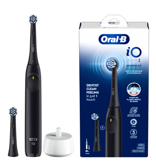 Oral-B iO Series 2 Rechargeable Electric Powered Toothbrush Starter Kit, Night Black with 2 Brush Heads - Automatic Pressure Sensor to Protect Gums - 3 Modes - 2 Min Timer