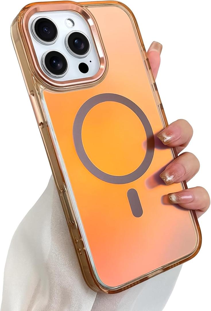 SAKUULO Magnetic Case for iPhone 16 Pro Max Compatible with Magsafe, Bling Laser Iridescent Florescent Crystal Sparkly Luxury Shockproof Protective Cover for Women Men, Gold