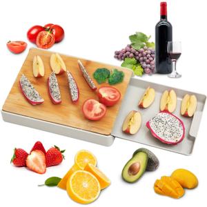 Bamboo Cutting Board Set with Container Tray Drawer For Kitchen Easy Waste Removal & Food Prep, Eco-friendly Wooden Chopping Boards Wood Block Butcher