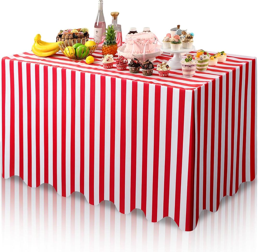 Thinkday 6ft Red and White Striped Tablecloth Stripe Table Cover Rectangle Carnival Circus Tablecloth Waterproof Reusable Table Decor 70 x 30 Inches Polyester Picnic Outdoor Holiday Party Decor