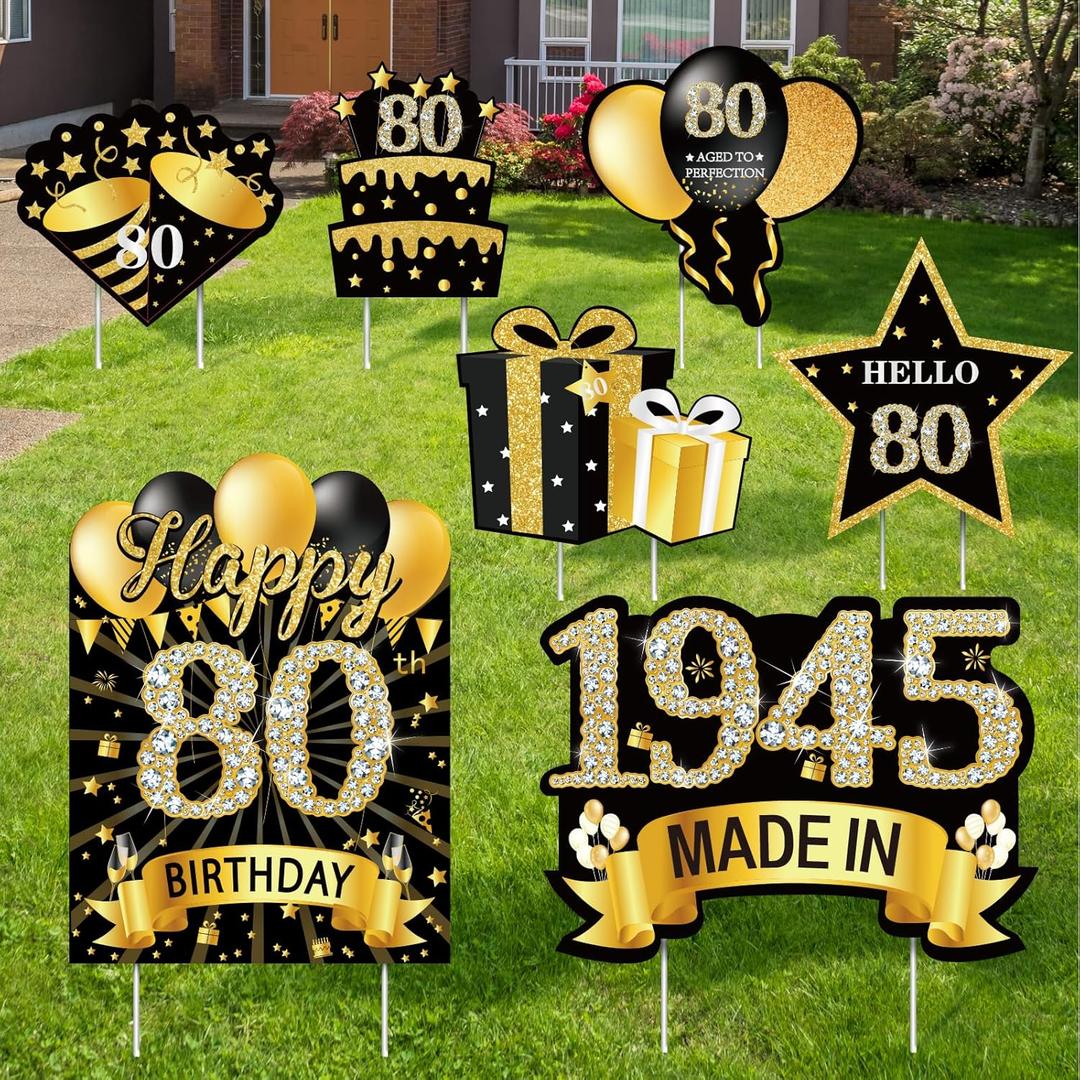 7Pcs Black Gold 80th Birthday Yard Sign Decorations for Men and Women,Happy 80th Birthday Made in 1945 Lawn Sign Party Supplies,Eighty Year Old Birthday Yard Decor with Stakes