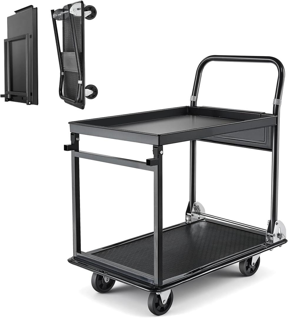 VEVOR Heavy Duty 2 Tier Foldable Platform Hand Truck, 700 lbs Push Tool Cart with High-Strength Steel, Folding Utility Cart for Warehouse, Garage, Workshop, Office