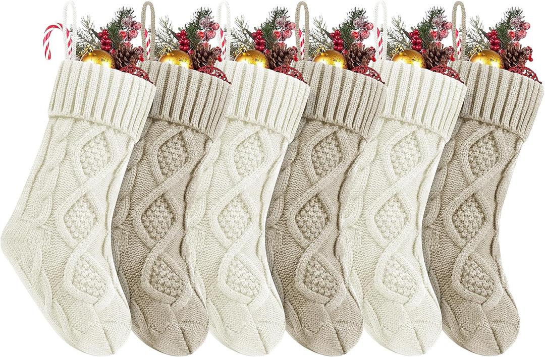 Fesciory Christmas Stockings, 6 Pack 14" Large Cable Knit Stocking & Decor for Family Holiday Xmas Party Gift, Burgundy&Khaki