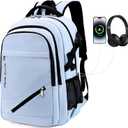 FENGDONG 17.3 inch Large Laptop Backpack Durable Waterproof Travel College Backpack Bookbag for Men & Women Business Backpack with USB Charging Port,Headset Port Light Blue