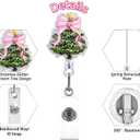 2 x Christmas Tree Badge Reels - Christmas Pink Bow Badge Holder Retractable Clip with Glitter Tree Design, Sparkling Colored Lamp Tree Badge Reels for Nurse Doctor, Holiday Name Tag for Office