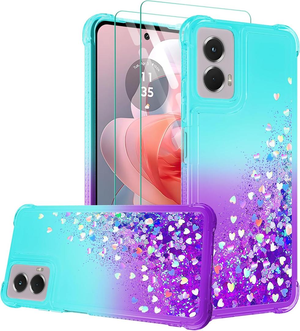 Gritup for Motorola Moto G Stylus 5G 2024 Case with 2Pcs Screen Protector Cute Clear Liquid Heart Glitter | Soft TPU Bumper Cover Shockproof Protective for Women Girls, Blue+Purple