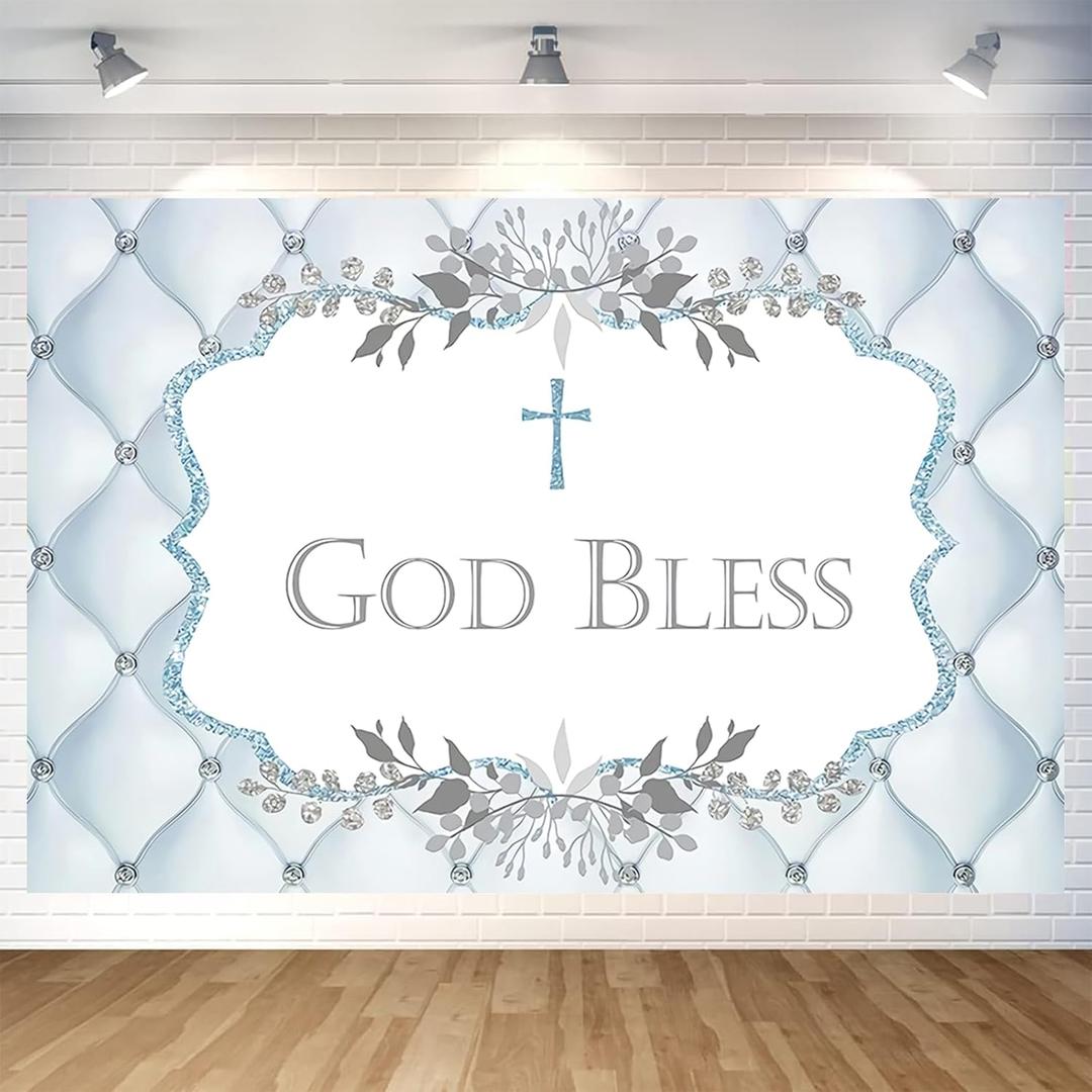 7x5ft God Bless Backdrop Baby Baptism Photography Background First Holy Communion Religious Christening Newborn Party Decorations Banner Photo Booth Props (Blue)