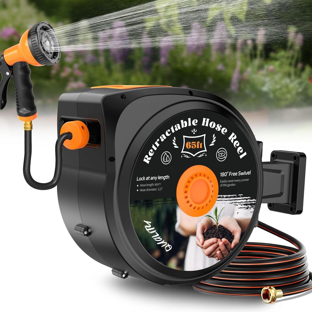 Retractable Garden Hose Reel, 1/2 in x 65 ft Wall Mounted Hose Reel Heavy Duty with 10-Function Sprayer Nozzle, Any Length Lock, Slow Return System, 180Swivel Bracke for Large Yard Lawn Car Washing