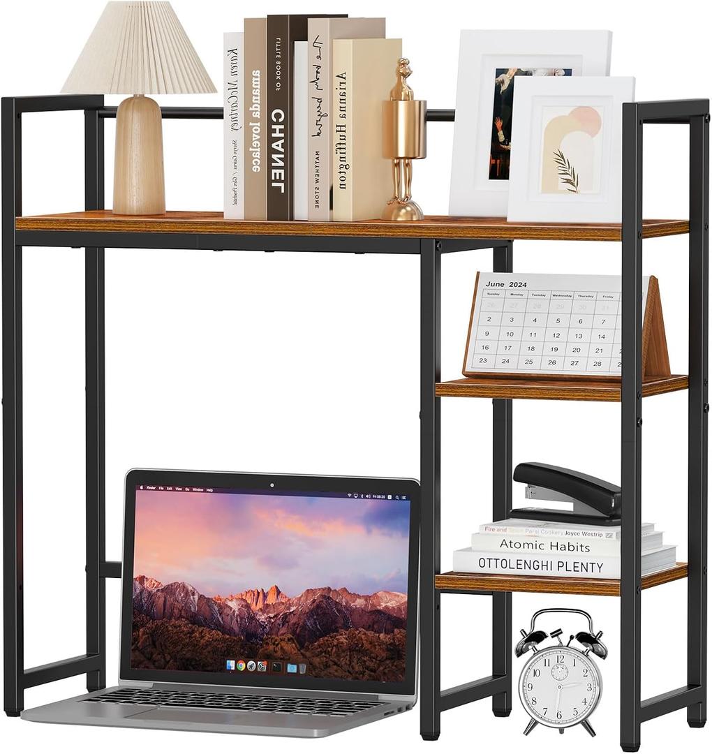 Snughome Desk Shelf, 31.9" Desktop Organizer Shelf, Desk Hutch for Computer Monitor, 4 Tier Desktop Display Rack, Wood Desktop Bookshelf Storage Rack for Home Office Dorm, Rustic Brown