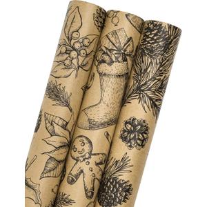 MAYPLUSS Kraft Christmas Wrapping Paper Roll - 3 Mini Roll -17in x120in Per Roll, Kraft Vintage Wrapping Paper, Rustic Print for Party, Birthday, Baby Shower, Natural Paper Roll Design (42.3 sqft) (Black)