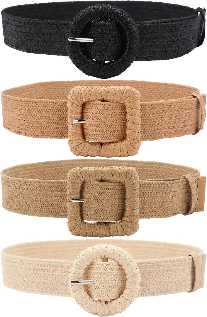 WILLBOND 4 Pcs Women's Elastic Raffia Woven Belt, Boho Rattan Buckle Stretch Straw Wide Waist Belt for Dresses Jeans Pants