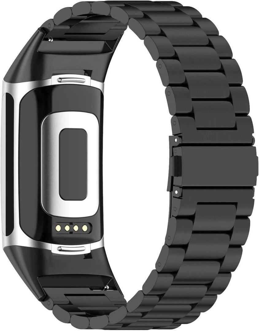 Abanen Stainless Steel Band for Fitbit Charge 6 / Charge 5 Advanced Tracker, Metal Adjustable Length Wristband Strap Compatible with Fitbit Charge 5 for Men and Women (Black)