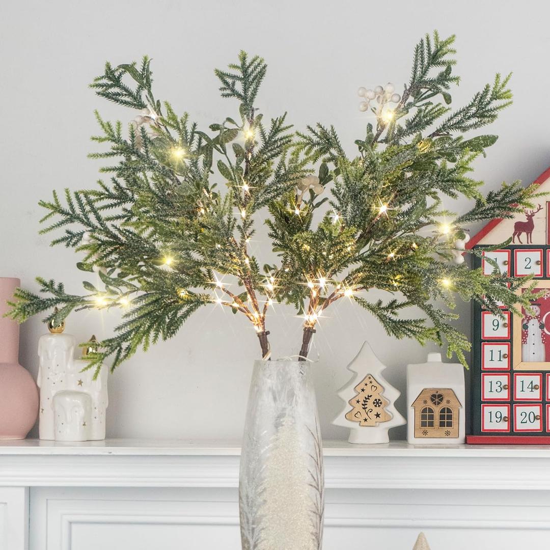 Lighted Artificial Pine Branches for Vases, 28" Christmas Cypress Sprigs with 60 LED Lights, Battery Operated or USB Plug in, Indoor/Outdoor Holiday Decorations (2PCS)