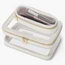 Travel Clear Makeup Bag with Makeup Brush Bag, Leather Make up Case Toiletry Bag, Portable Cosmetic Bag Case, Transparent Waterproof Cosmetic Organizer Storage Bag for Women, Off-White