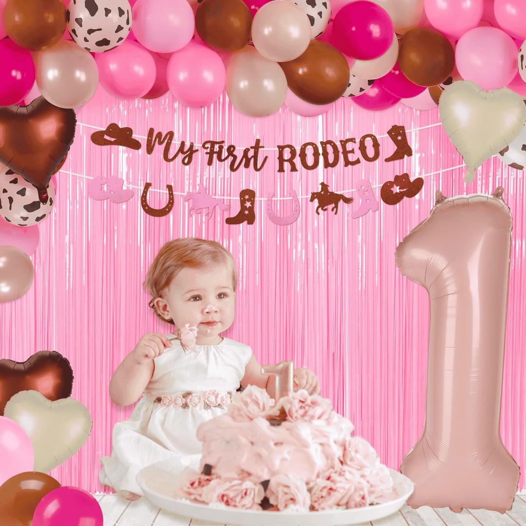 57Pcs My First Rodeo Decorations Girl Cowgirl First Rodeo Birthday Decorations for Girl with 40" Number 1 Balloon, Banner, Pastel Pink Backdrop for 1 Year Old Girls Milestone Baby Shower Party