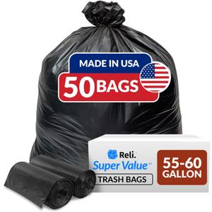 Reli. 55-60 Gallon Trash Bags Heavy Duty | 50 Bags | 50-60 Gallon | Large Black Garbage | Made in USA