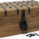 Nautical Cove Treasure Chest Wooden Box with Antique Iron Lock and Skeleton Key (Large 14.5x8x6.75) - Storage and Decor  Pirate Wooden Treasure Chest, Decorative Box with Hinged Lid,