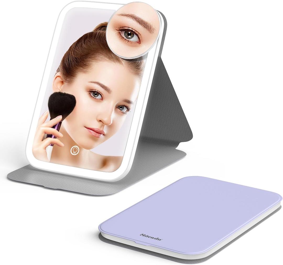 Mocado Travel Makeup Mirro with Lights, 360 Rotation Lighted Makeup Mirror, Portable Mirror with 10x Magnification, 60LEDs 3 Color Lightings, Dimmable Touch Screen, Tabletop Light up(Purple)