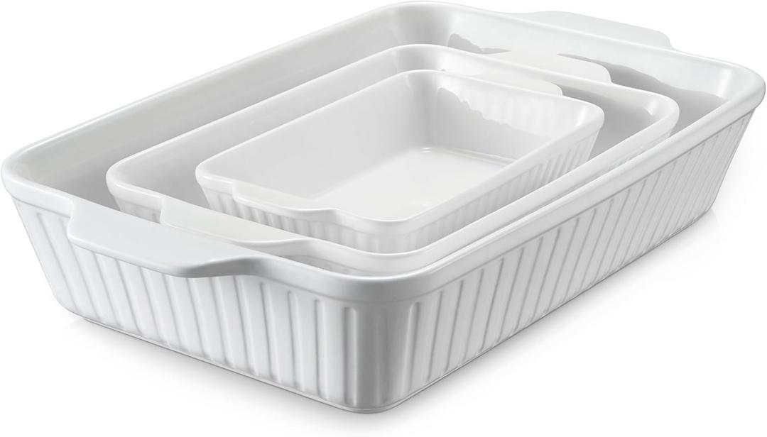 DOWAN Casserole Dishes for Oven, Baking Dishes Set, Ceramic Bakeware Sets of 3, Lasagna Pan Deep, Rectangular Baking Pan Set with Handles for Baking, Casserole, Kitchen, Wedding Gift, White (15.6''/12.2''/8.9'')
