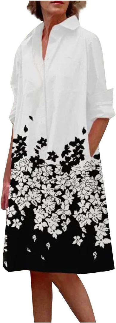 Shirt Dresses for Women 2023 Polka Dot Midi Dress Long Sleeve Button Down Dress Dressy Casual Ladies Clothing, XXL