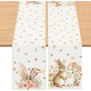2 x Gilprop 2 Pcs Easter Table Runner 13 x 72 Inch Bunny Rabbit Flower Table Runner Spring Backdrop Banner Seasonal Holiday Kitchen Supplies Easter Decorations for Home Dining Decor