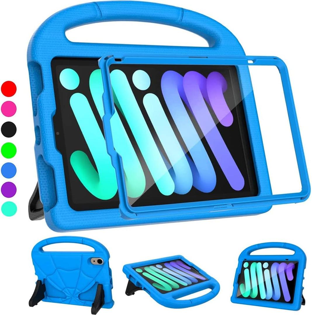 iPad mini 7th/6th Generation Case for Kids (8.3-inch, 2024/2021 Release), Lainergie iPad mini 7/6 Case Lightweight Shockproof Kid-Proof Cover Built-in Screen Protector with Handle Stand- Blue