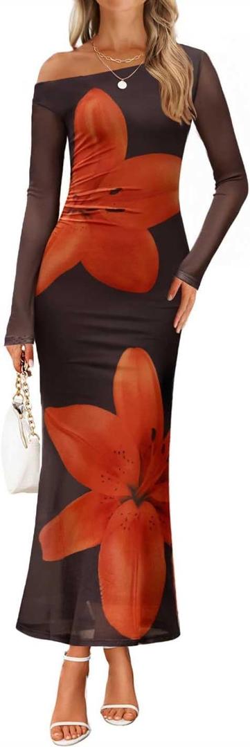 ZESICA Women's Long Sleeve Floral Maxi Dress 2026 Fall Off Shoulder Bodycon Ruched Mesh Cocktail Wedding Guest Dresses (S)