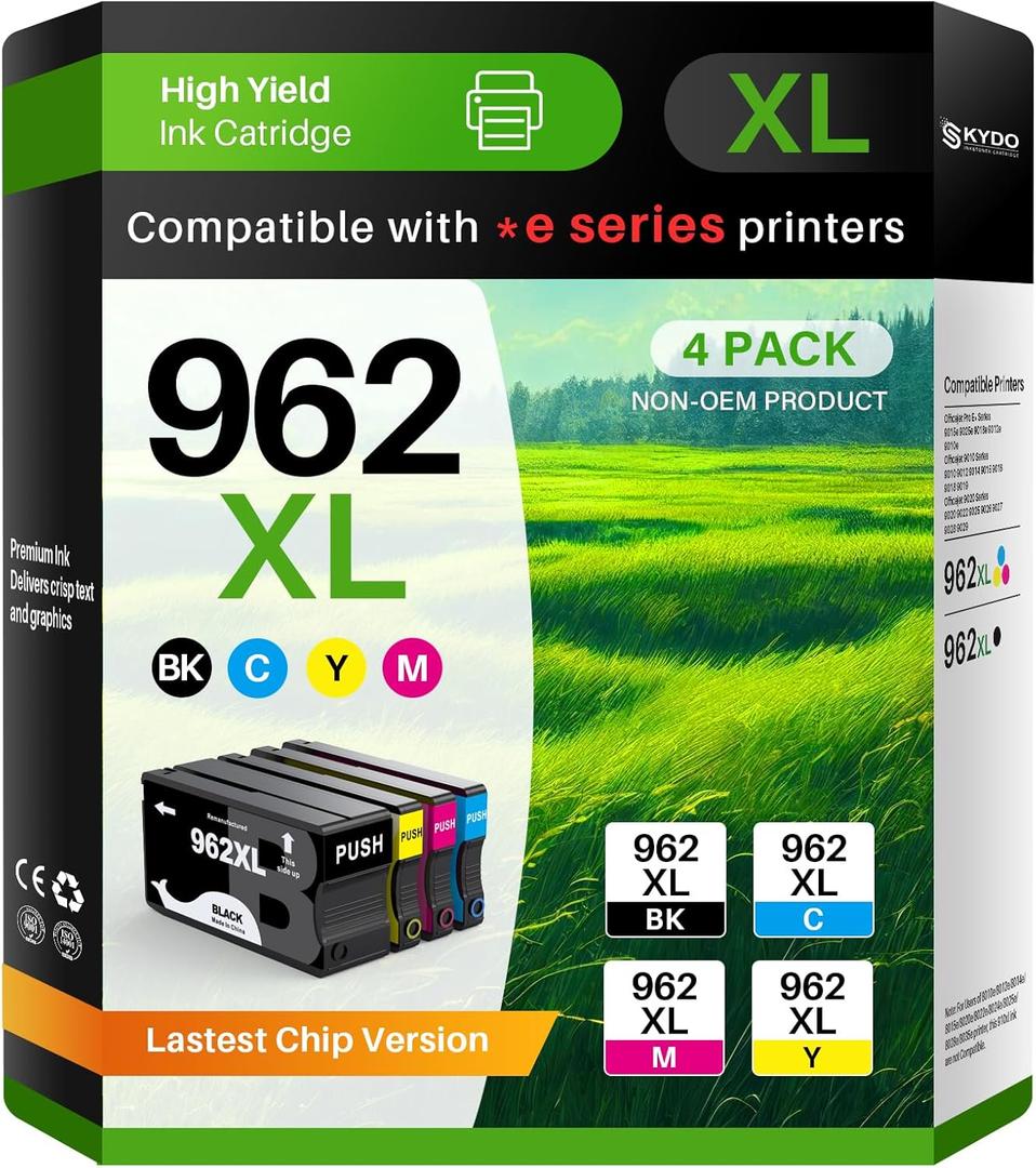 962XL Ink Cartridge Combo Pack Compatible for 962 Ink Cartridges Work with Officejet Pro 9015e 9015 9010 9018e 9025e 9012e 9018 9025 9020 9012 Printers 4 Pack (Black Cyan Magenta Yellow)