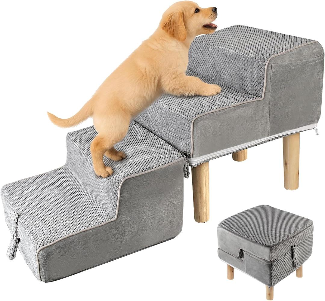 Ottoman Dog Ramp Split  Foldable 4-Step Dog Steps for Bed, Couch Height, Pet Stairs for Small, Medium, Older Cats, Puppy to Go on Bed, Anti-Slip, Washable Cover & Pocket, 135lb Capacity