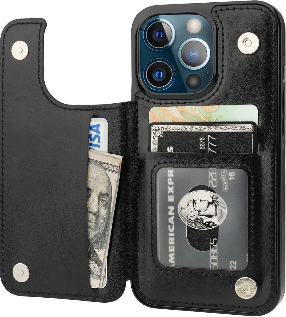 Compatible with iPhone 13 Pro Wallet Case with Card Holder, PU Leather Kickstand Card Slots Case, Double Magnetic Clasp Durable Shockproof Cover 6.1 Inch(Black)