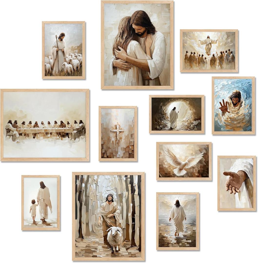 TwoDays Jesus Christian Wall Art - Religious Artwork for Home Decor, Christ God Scripture Poster, Bible Verses Story Painting for Prayer Room (Multi Sizes, Set of 12, 8"x10" Largest, UNFRAMED)